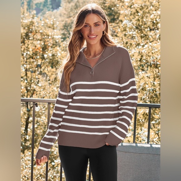 Lillusory Women’s Large Striped Brown and White pullover 1/2 zip sweater - Picture 1 of 10